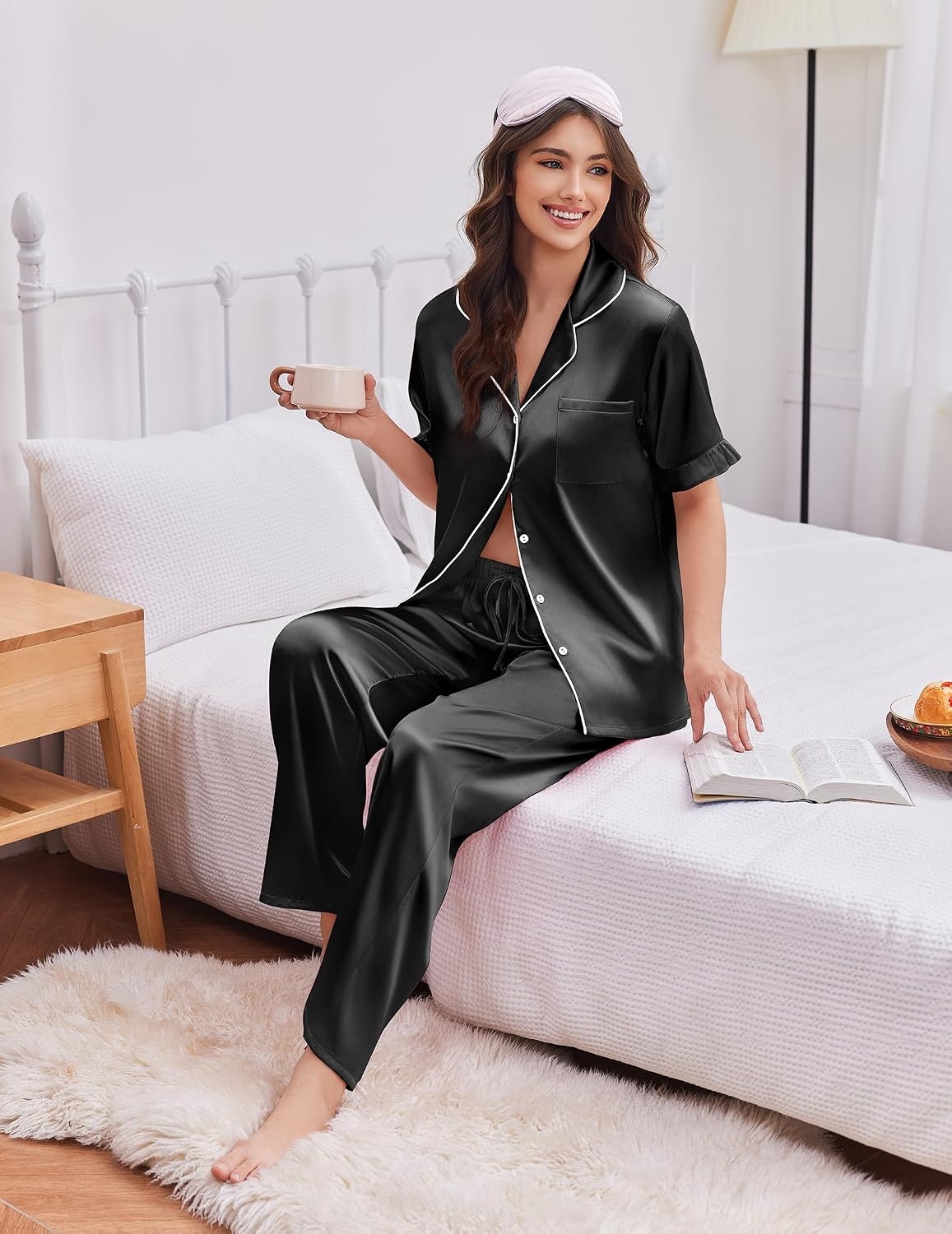 image:imageEkouaer Silk Satin Pajamas for Women Set 2 Piece Short Sleeve Button Up PjsBlack