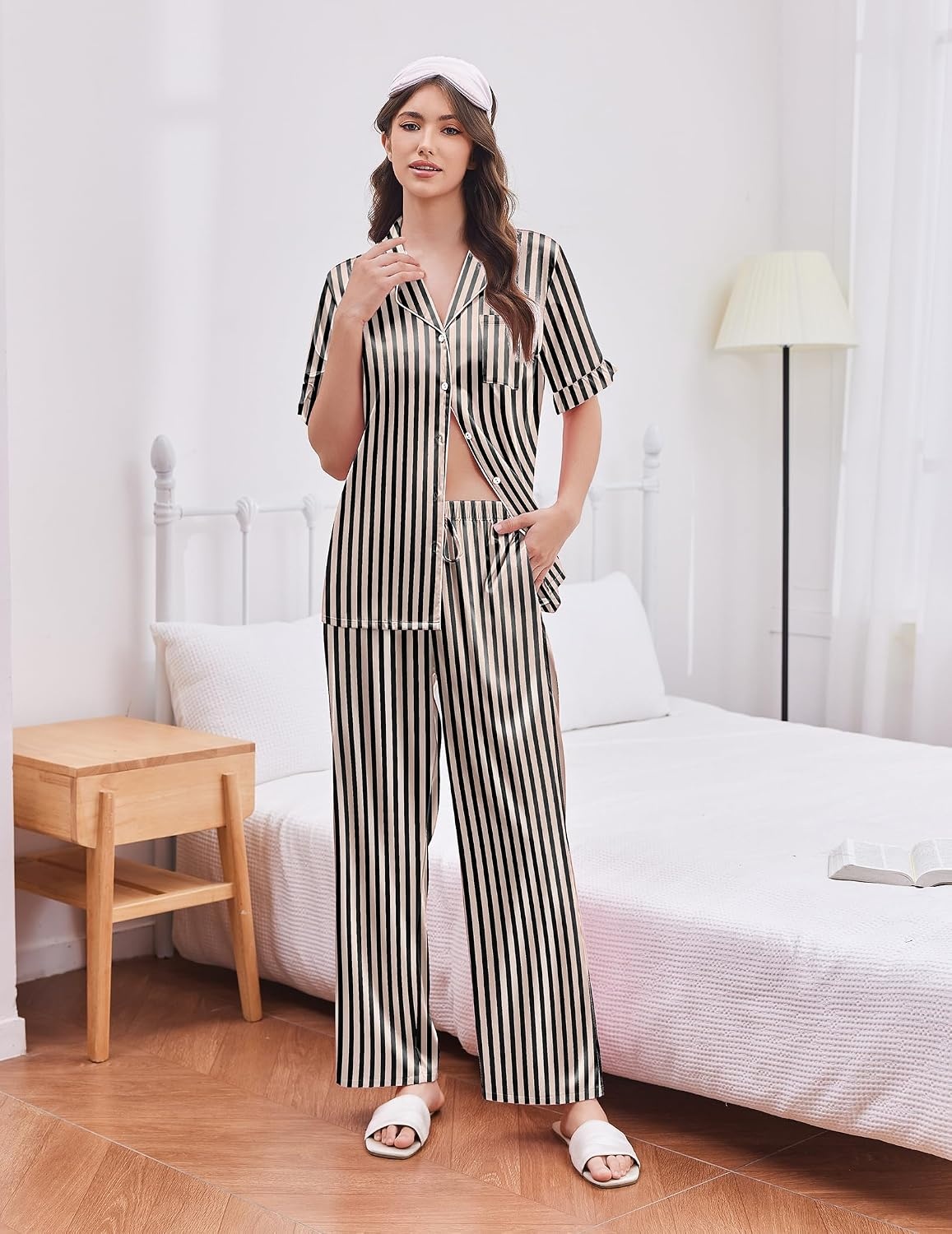image:imageEkouaer Silk Satin Pajamas for Women Set 2 Piece Short Sleeve Button Up PjsBlack Stripe