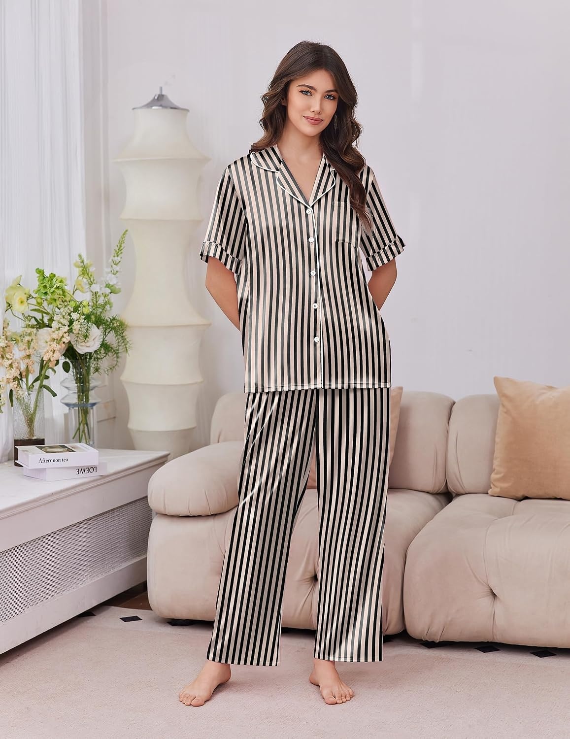 image:imageEkouaer Silk Satin Pajamas for Women Set 2 Piece Short Sleeve Button Up PjsBlack Stripe