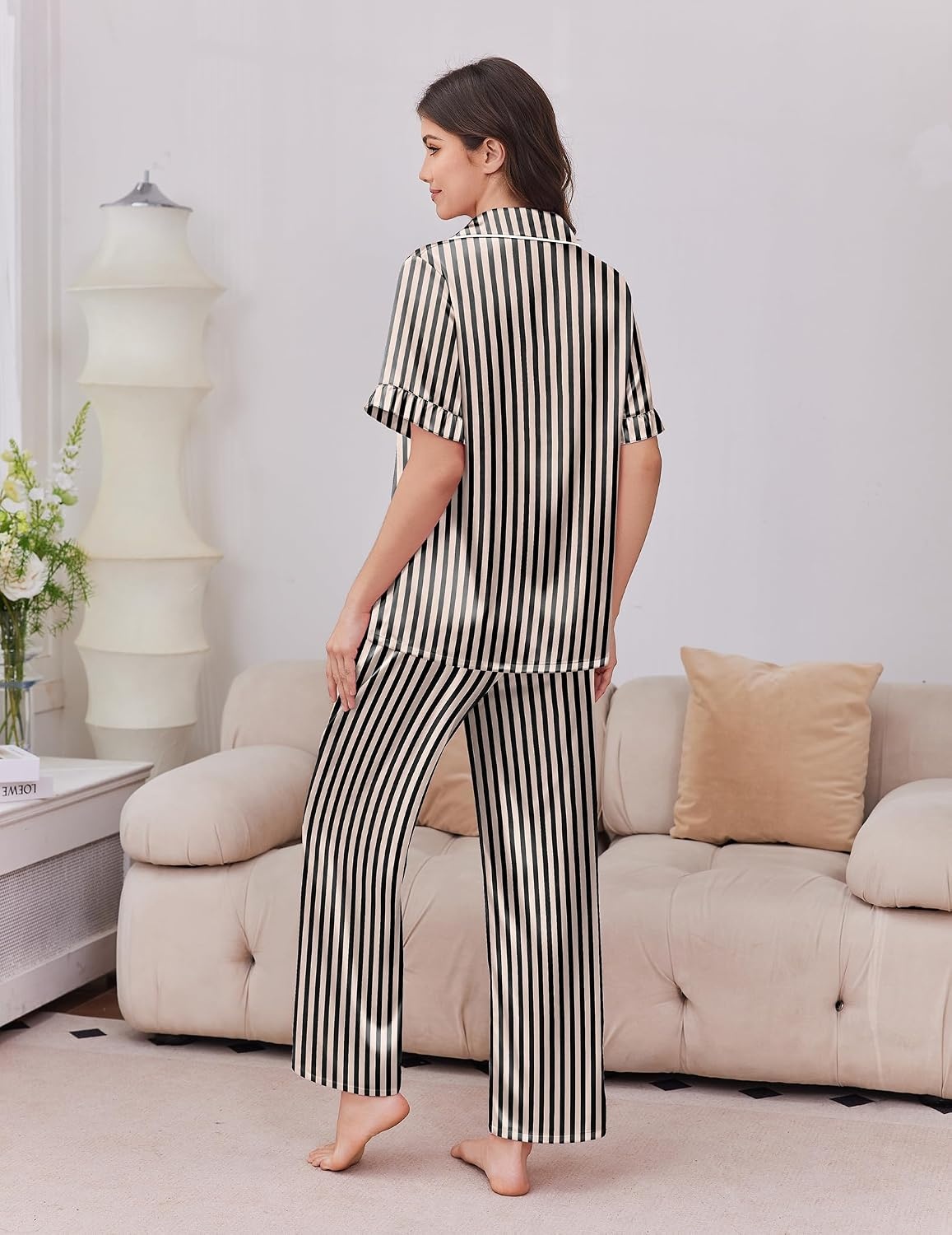 image:imageEkouaer Silk Satin Pajamas for Women Set 2 Piece Short Sleeve Button Up PjsBlack Stripe