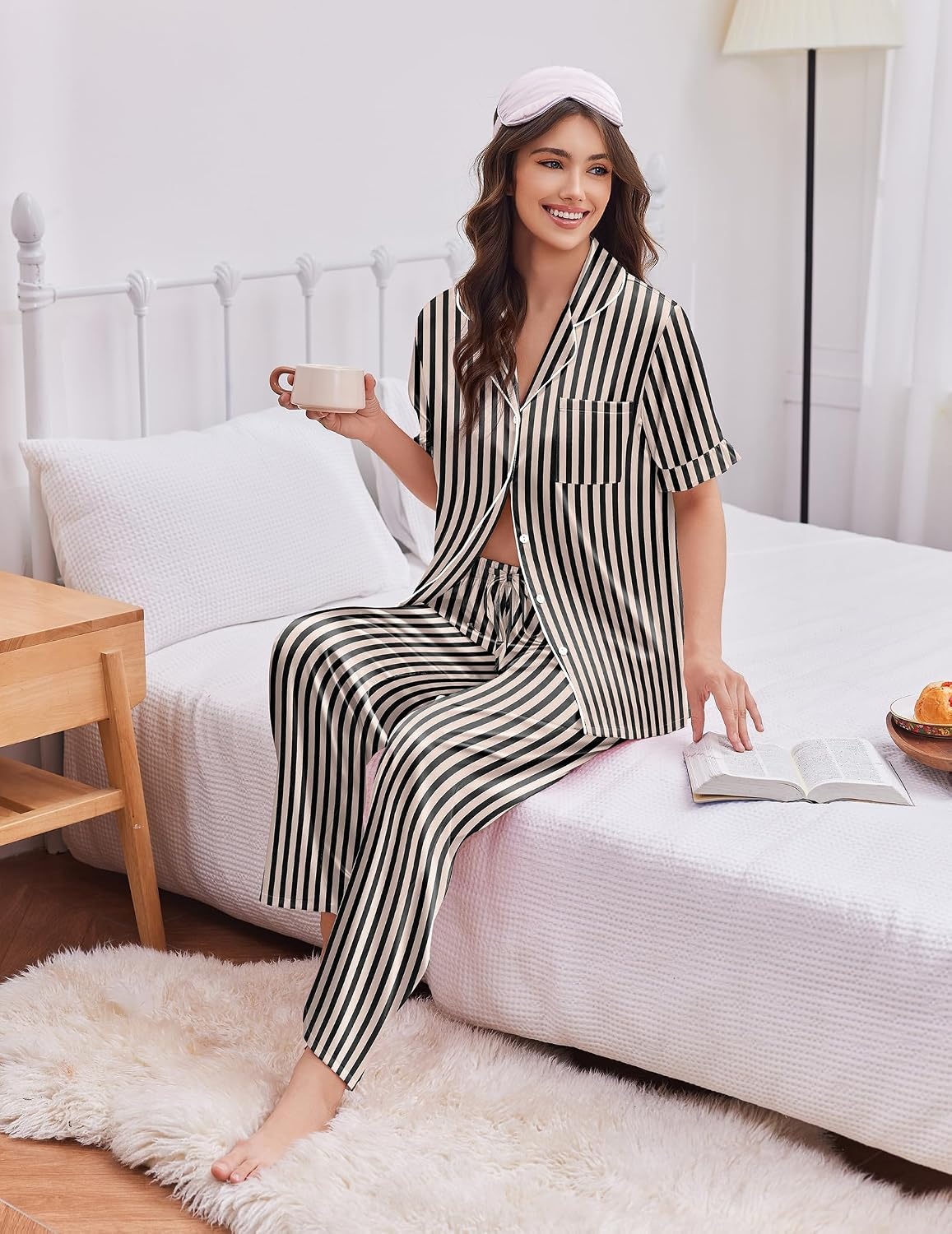 image:imageEkouaer Silk Satin Pajamas for Women Set 2 Piece Short Sleeve Button Up PjsBlack Stripe