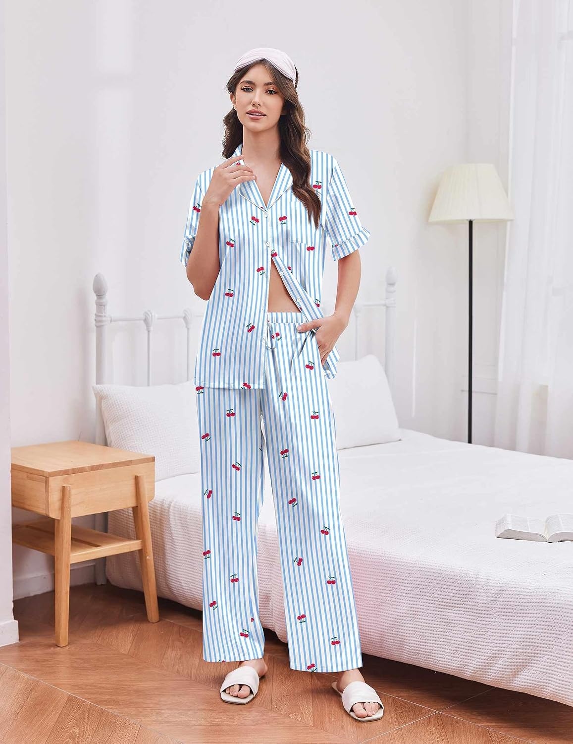 image:imageEkouaer Silk Satin Pajamas for Women Set 2 Piece Short Sleeve Button Up PjsBlue Cherry