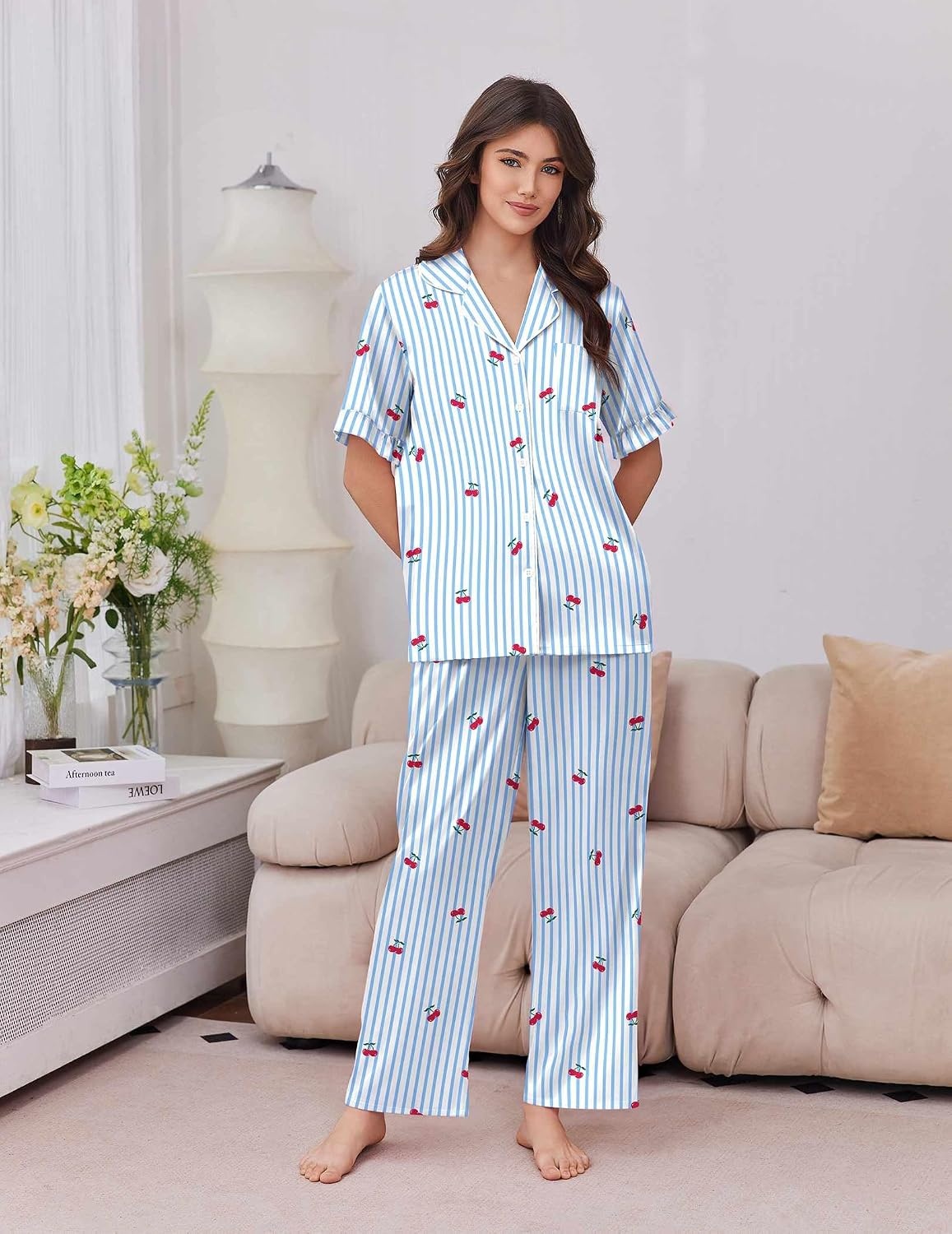image:imageEkouaer Silk Satin Pajamas for Women Set 2 Piece Short Sleeve Button Up PjsBlue Cherry