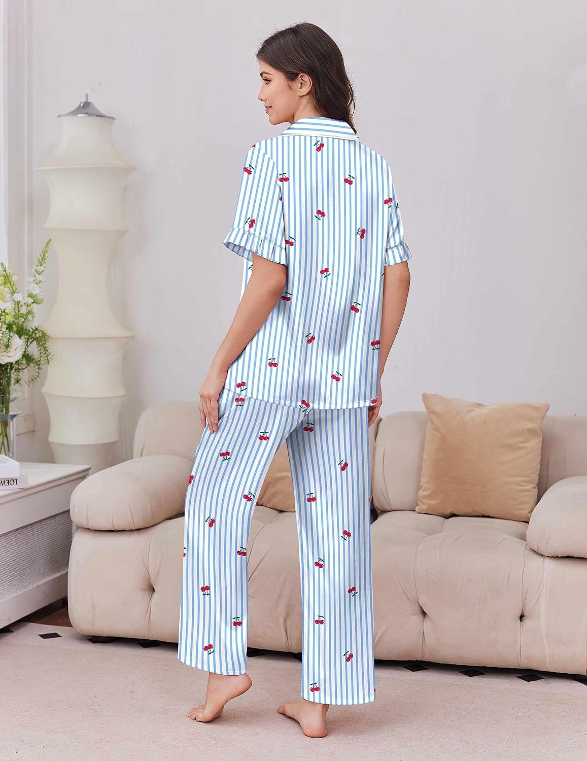 image:imageEkouaer Silk Satin Pajamas for Women Set 2 Piece Short Sleeve Button Up PjsBlue Cherry