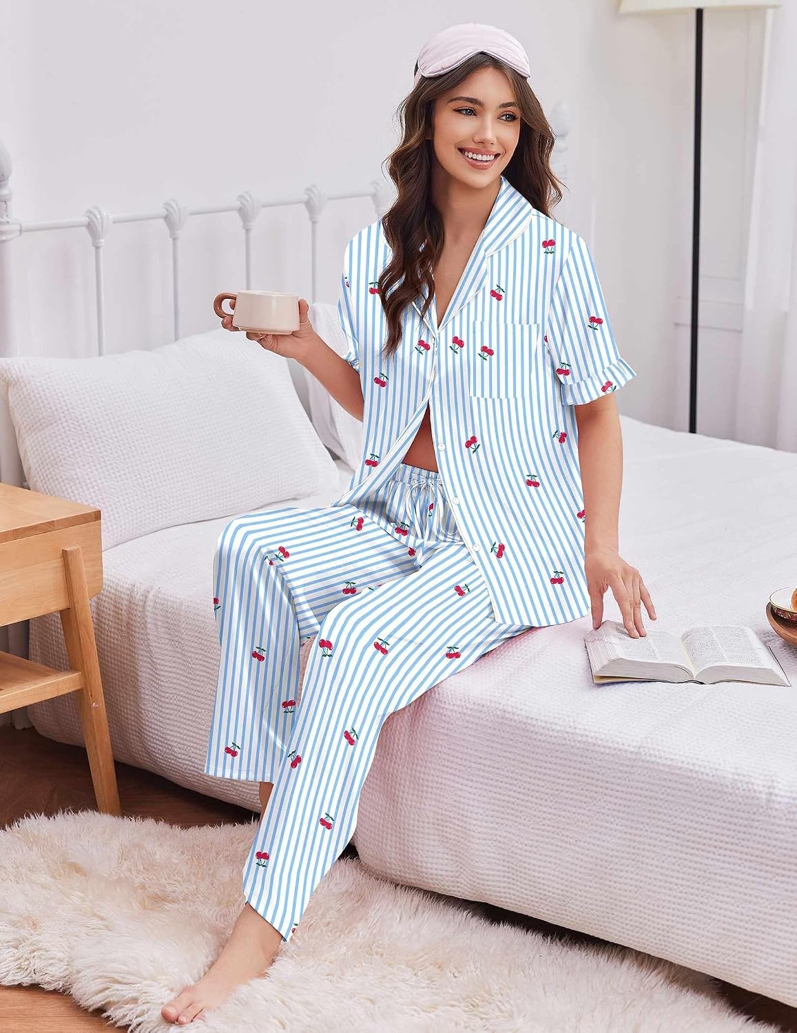 image:imageEkouaer Silk Satin Pajamas for Women Set 2 Piece Short Sleeve Button Up PjsBlue Cherry