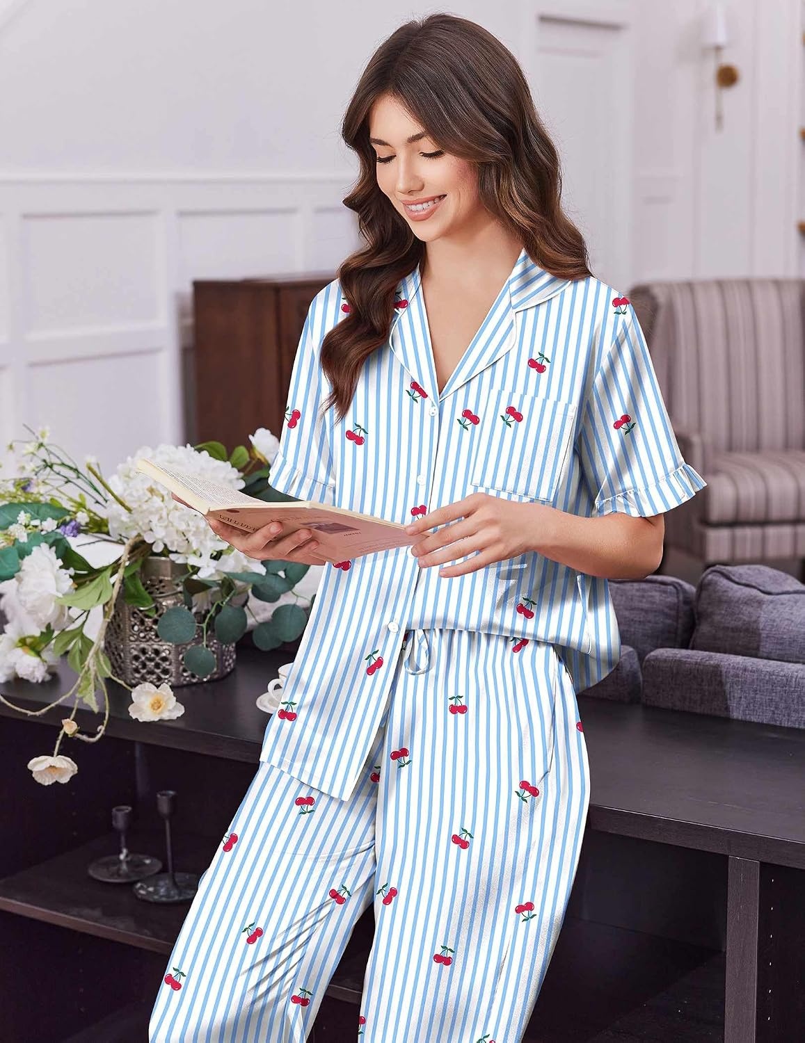 image:imageEkouaer Silk Satin Pajamas for Women Set 2 Piece Short Sleeve Button Up PjsBlue Cherry