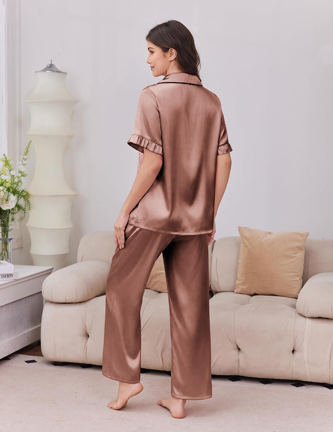image:imageEkouaer Silk Satin Pajamas for Women Set 2 Piece Short Sleeve Button Up PjsBrown
