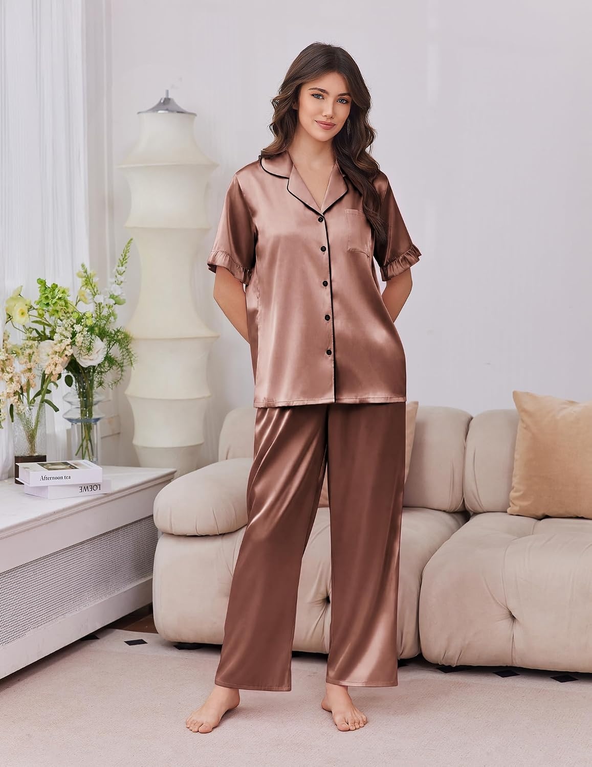 image:imageEkouaer Silk Satin Pajamas for Women Set 2 Piece Short Sleeve Button Up PjsBrown