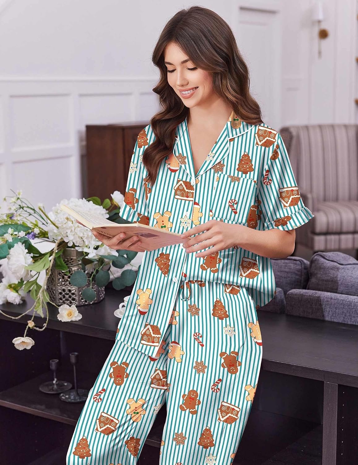image:imageEkouaer Silk Satin Pajamas for Women Set 2 Piece Short Sleeve Button Up PjsChristmas Green