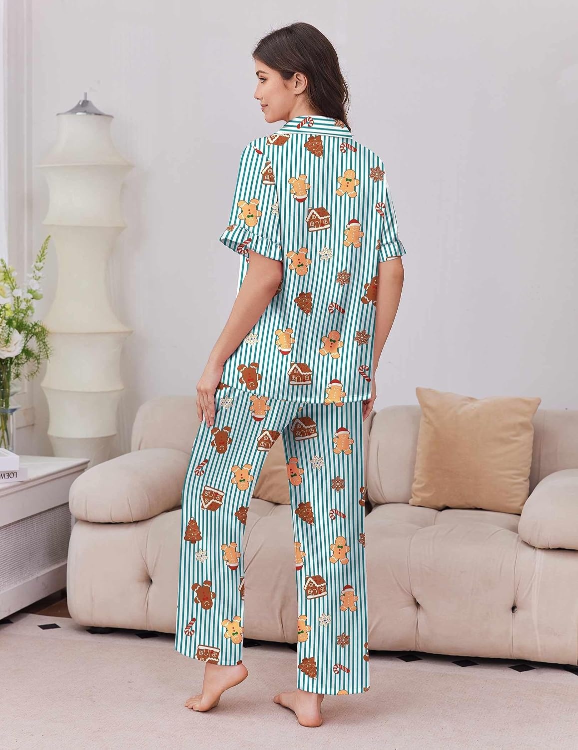 image:imageEkouaer Silk Satin Pajamas for Women Set 2 Piece Short Sleeve Button Up PjsChristmas Green
