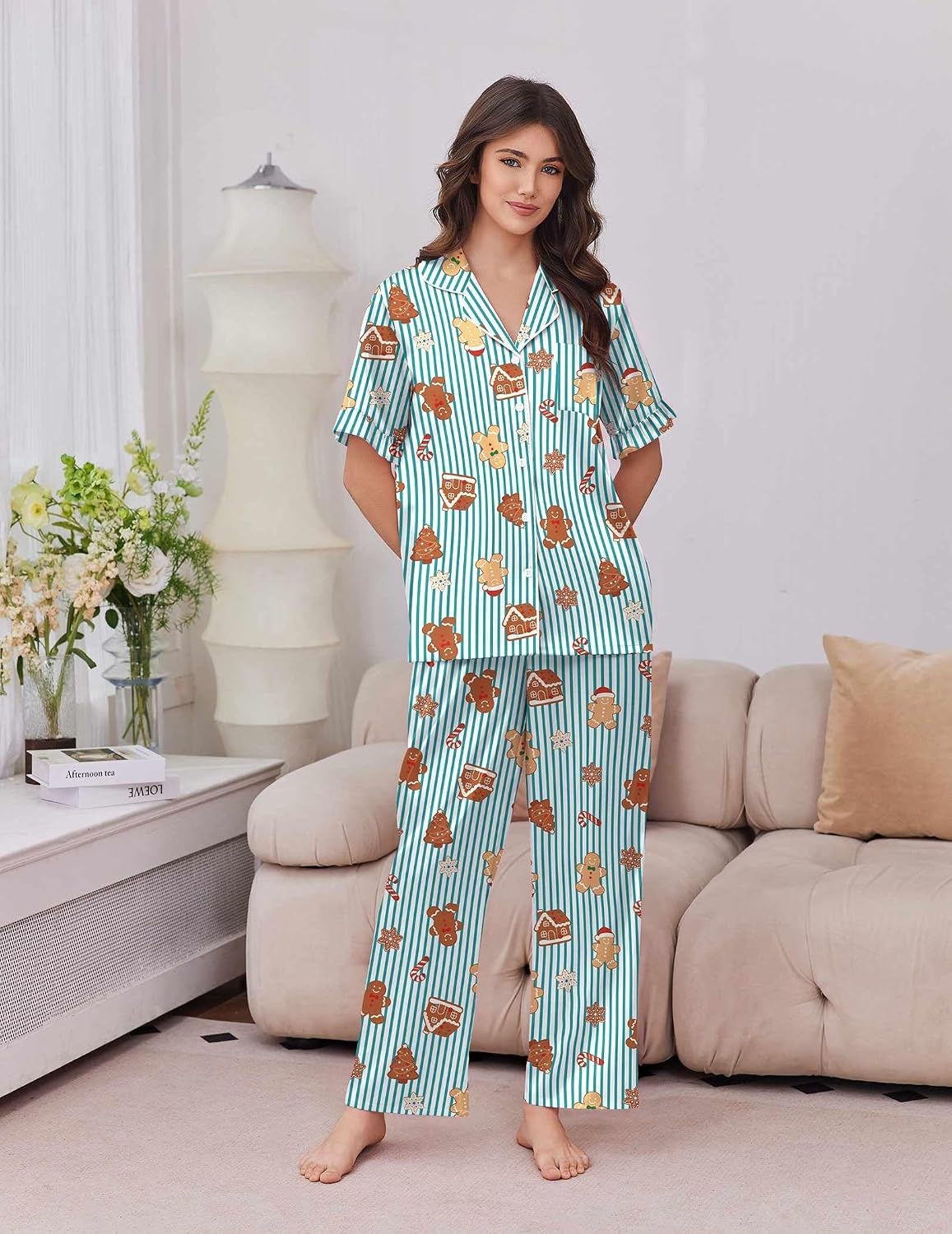 image:imageEkouaer Silk Satin Pajamas for Women Set 2 Piece Short Sleeve Button Up PjsChristmas Green