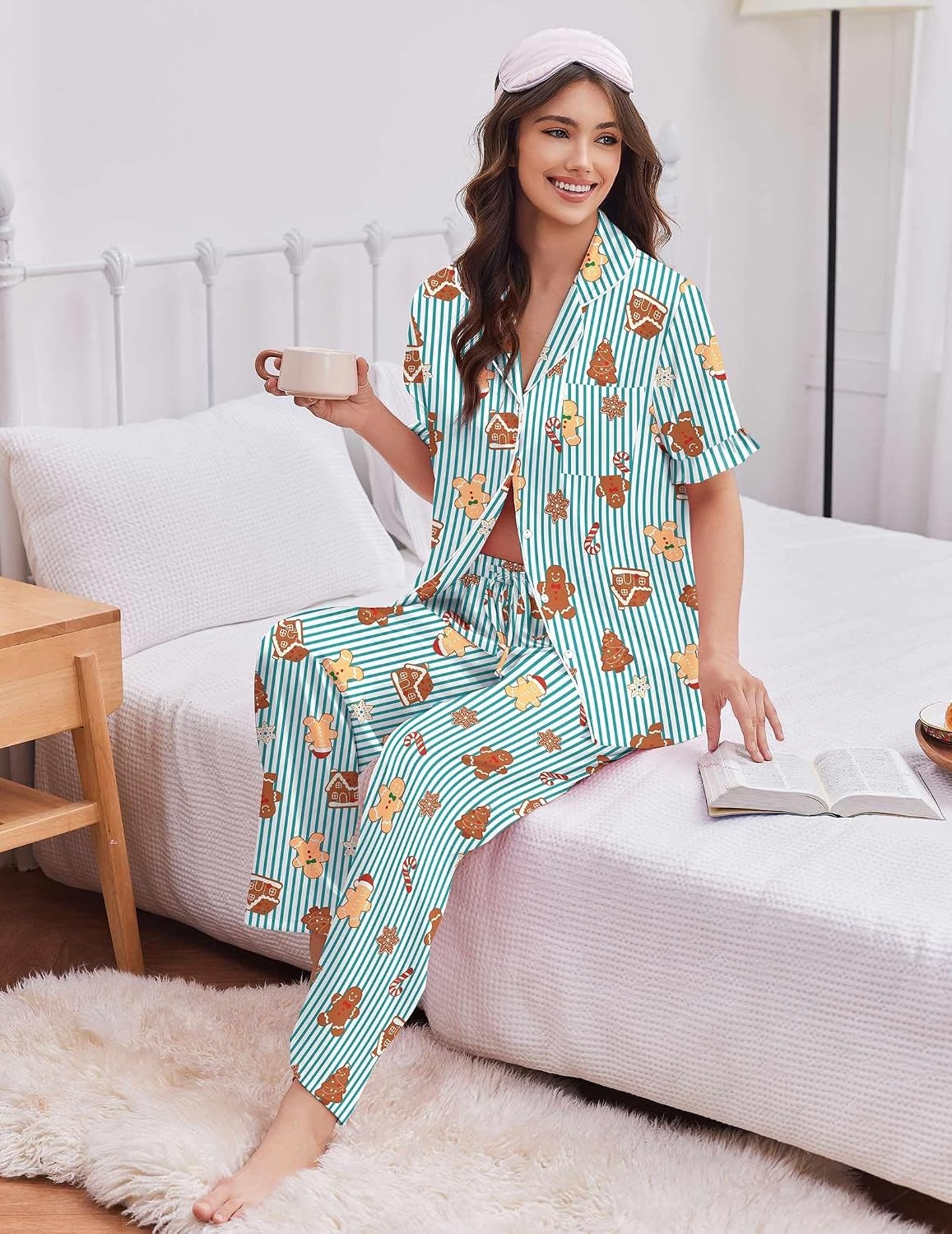 image:imageEkouaer Silk Satin Pajamas for Women Set 2 Piece Short Sleeve Button Up PjsChristmas Green