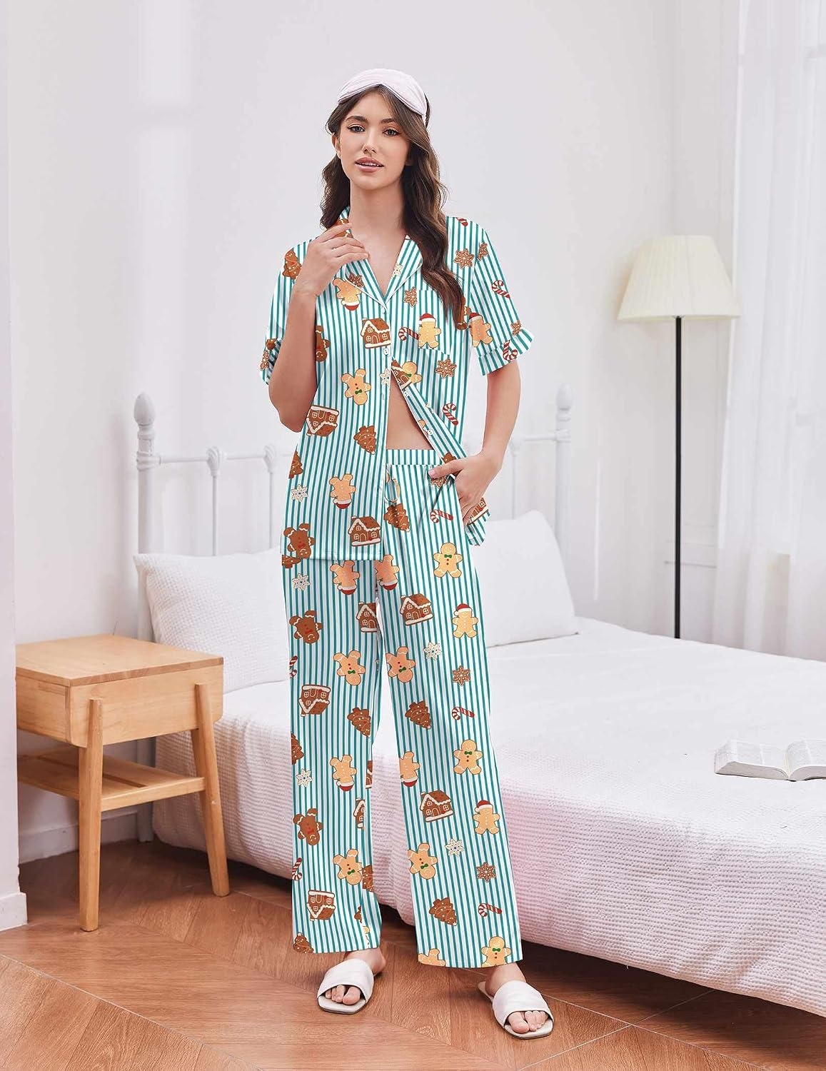 image:imageEkouaer Silk Satin Pajamas for Women Set 2 Piece Short Sleeve Button Up PjsChristmas Green