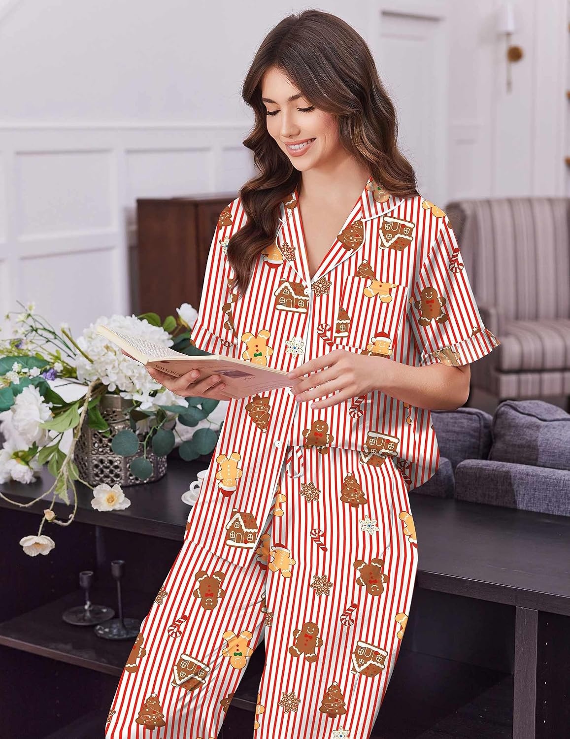 image:imageEkouaer Silk Satin Pajamas for Women Set 2 Piece Short Sleeve Button Up PjsChristmas Red