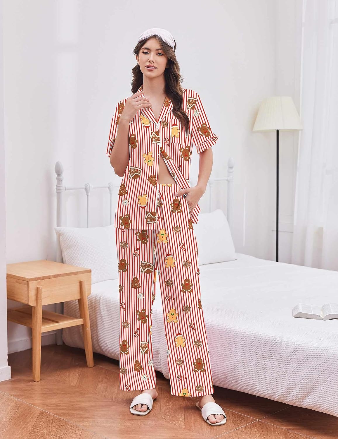 image:imageEkouaer Silk Satin Pajamas for Women Set 2 Piece Short Sleeve Button Up PjsChristmas Red