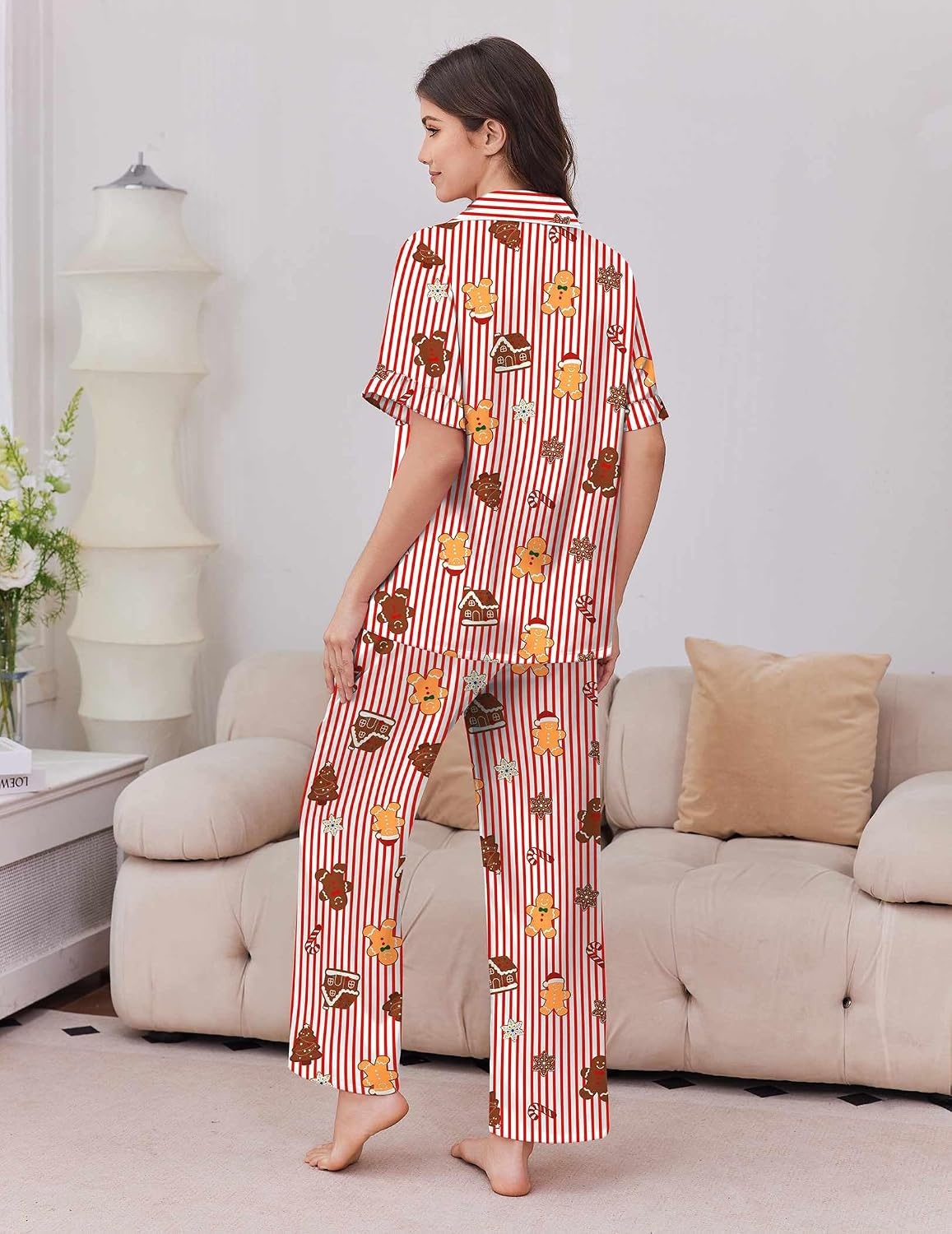 image:imageEkouaer Silk Satin Pajamas for Women Set 2 Piece Short Sleeve Button Up PjsChristmas Red