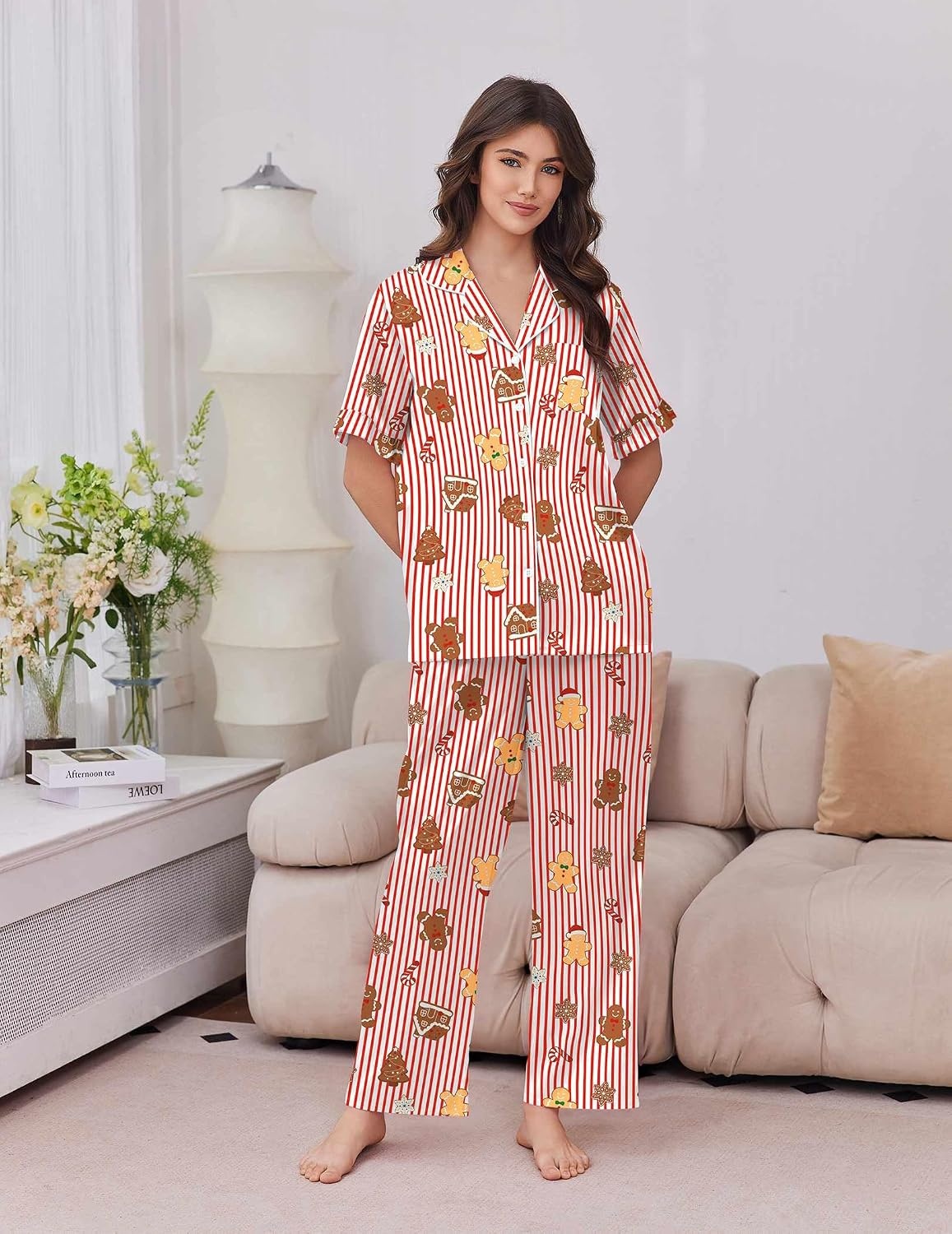 image:imageEkouaer Silk Satin Pajamas for Women Set 2 Piece Short Sleeve Button Up PjsChristmas Red