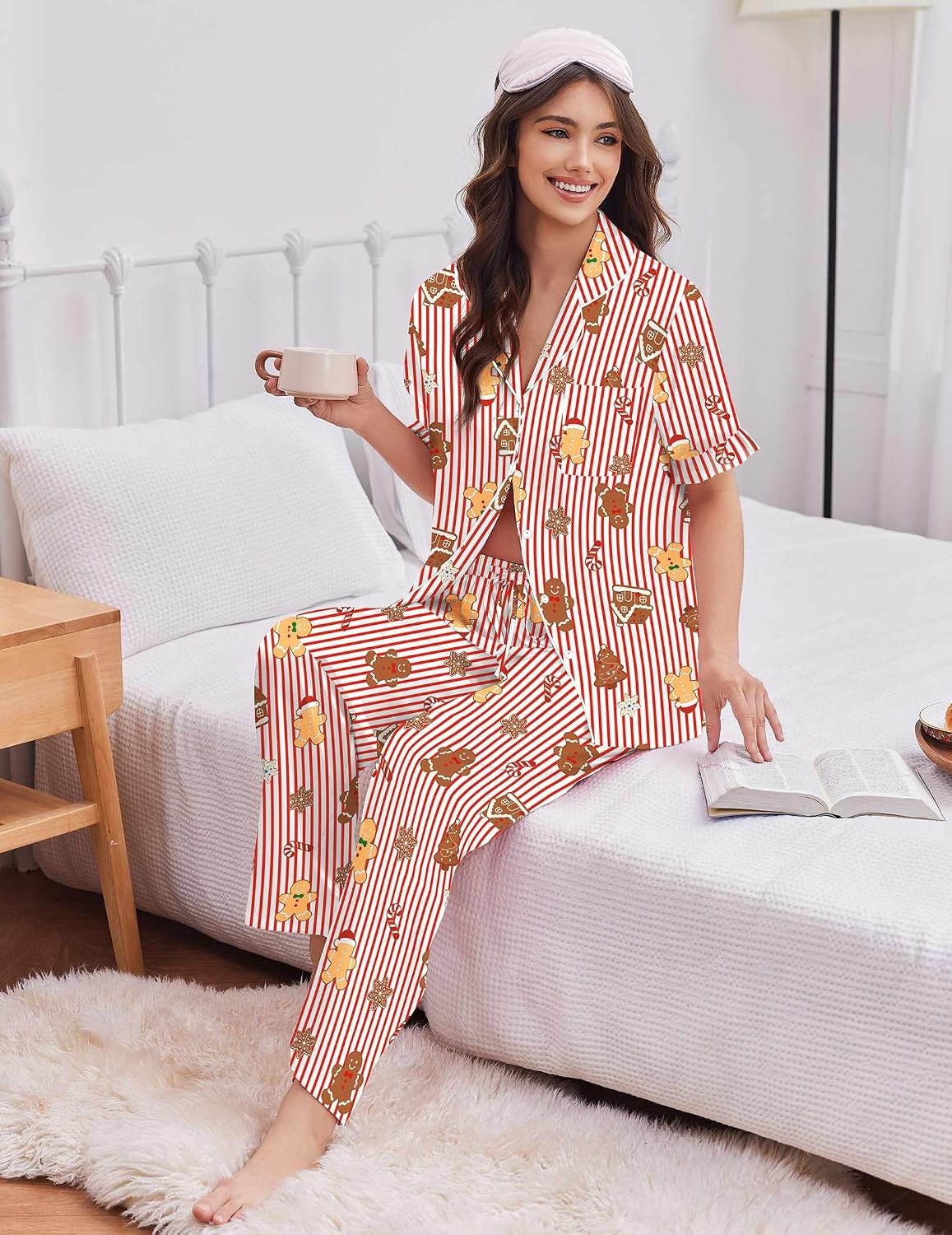 image:imageEkouaer Silk Satin Pajamas for Women Set 2 Piece Short Sleeve Button Up PjsChristmas Red
