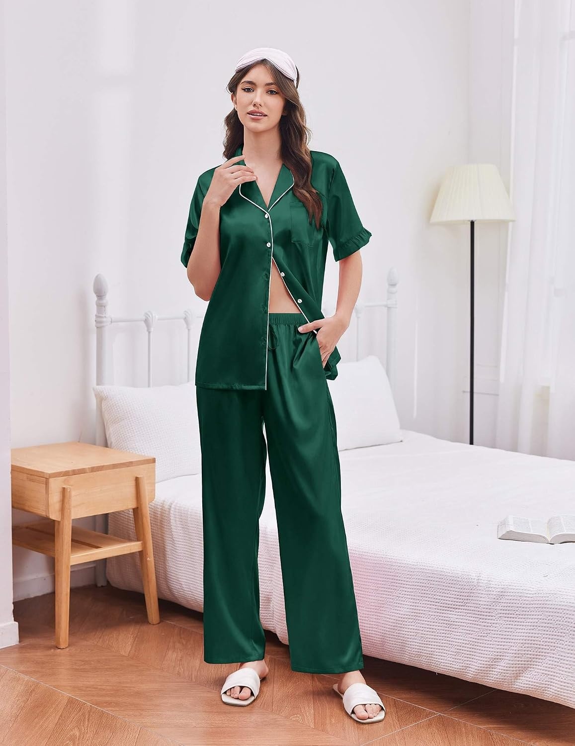 image:imageEkouaer Silk Satin Pajamas for Women Set 2 Piece Short Sleeve Button Up PjsDark Green