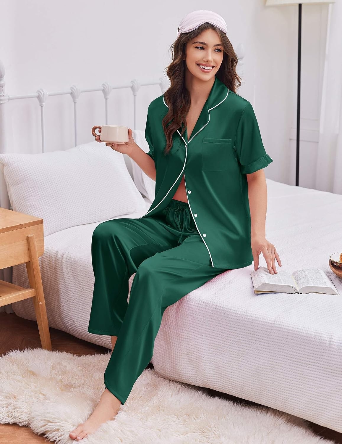 image:imageEkouaer Silk Satin Pajamas for Women Set 2 Piece Short Sleeve Button Up PjsDark Green