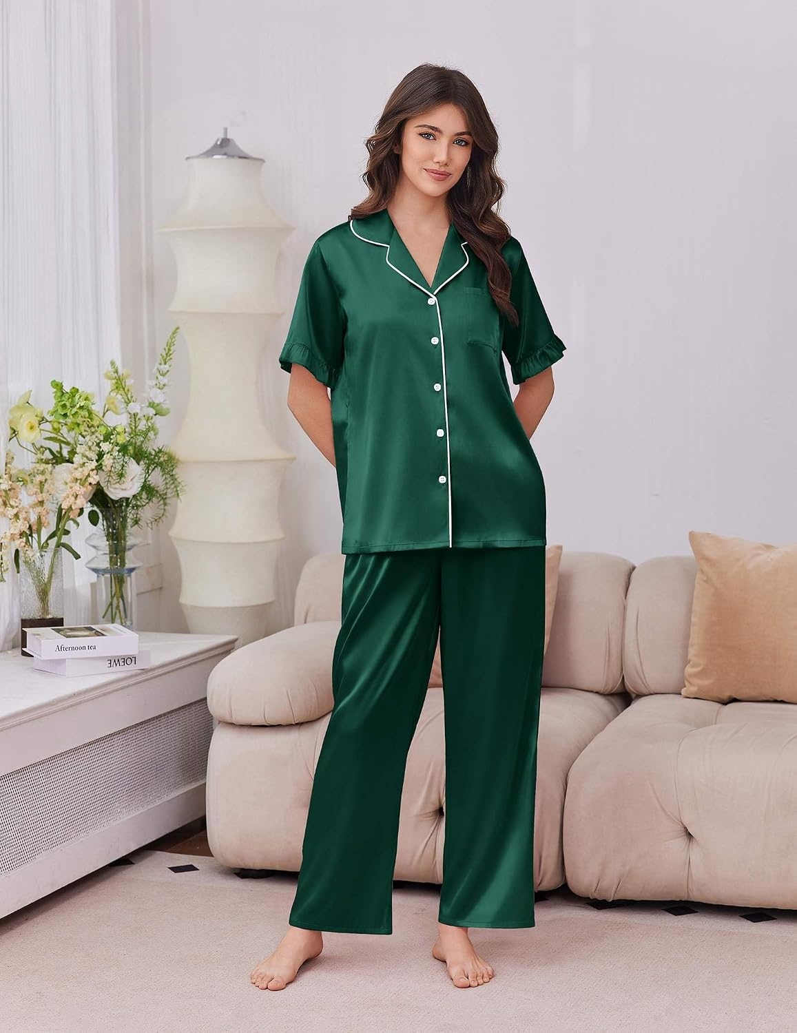 image:imageEkouaer Silk Satin Pajamas for Women Set 2 Piece Short Sleeve Button Up PjsDark Green