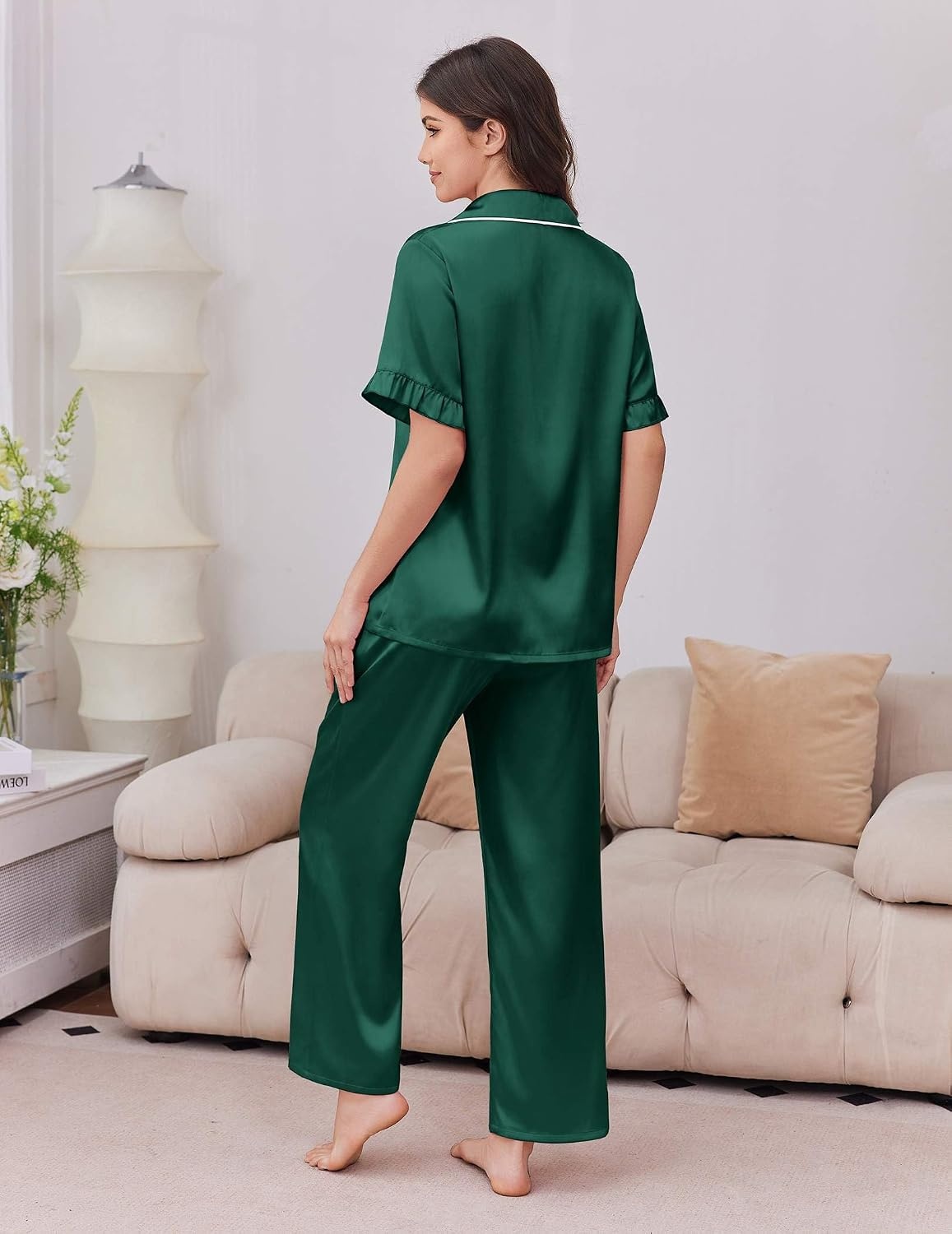 image:imageEkouaer Silk Satin Pajamas for Women Set 2 Piece Short Sleeve Button Up PjsDark Green