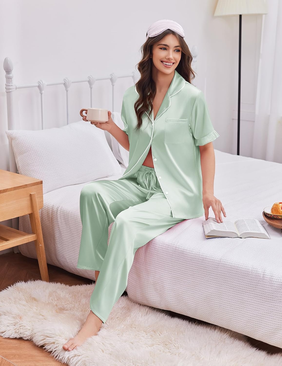 image:imageEkouaer Silk Satin Pajamas for Women Set 2 Piece Short Sleeve Button Up PjsLight Green