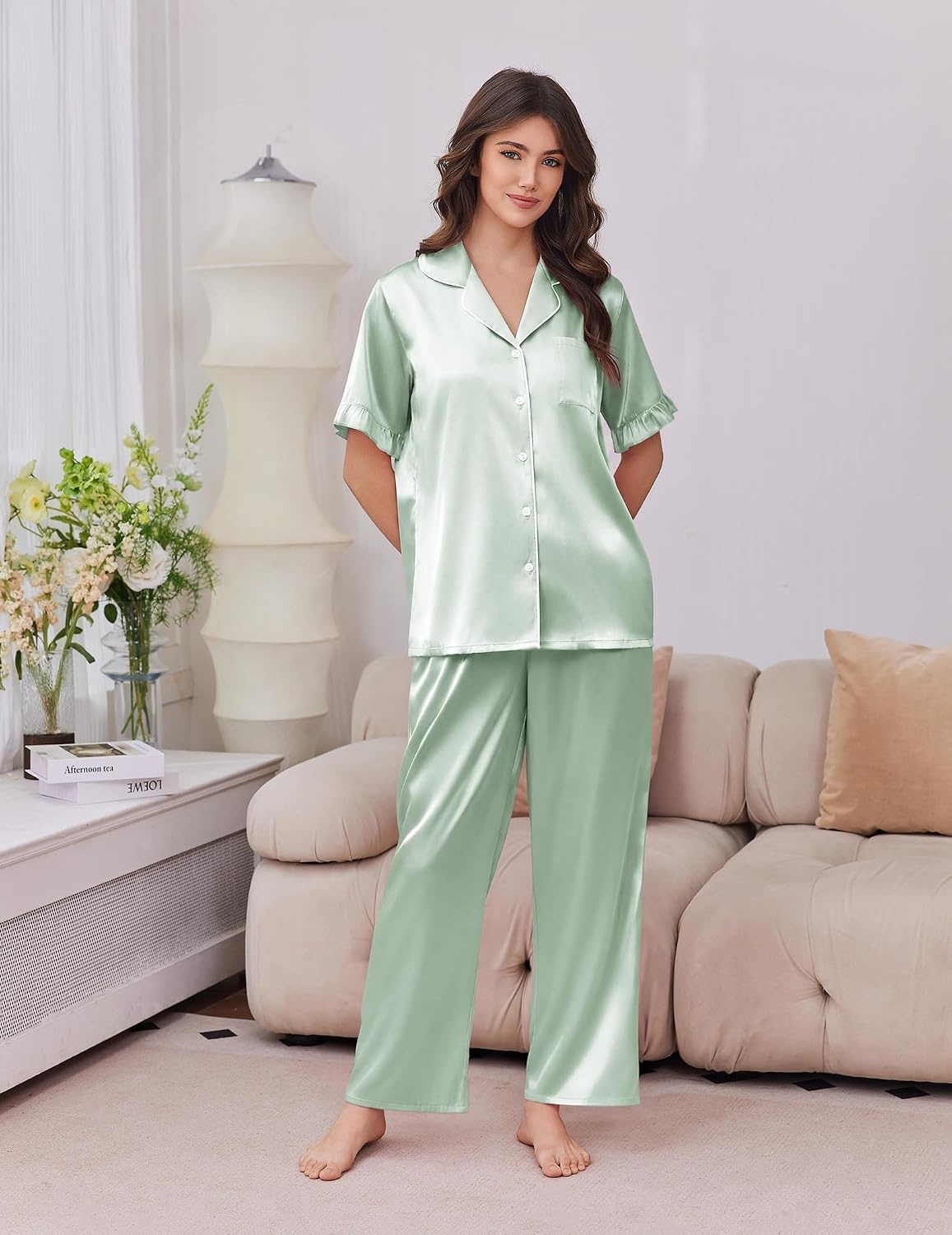 image:imageEkouaer Silk Satin Pajamas for Women Set 2 Piece Short Sleeve Button Up PjsLight Green