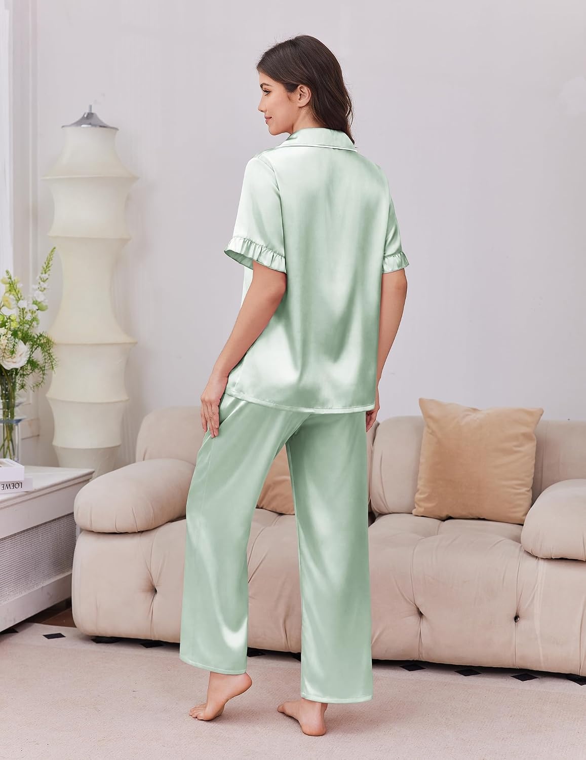 image:imageEkouaer Silk Satin Pajamas for Women Set 2 Piece Short Sleeve Button Up PjsLight Green