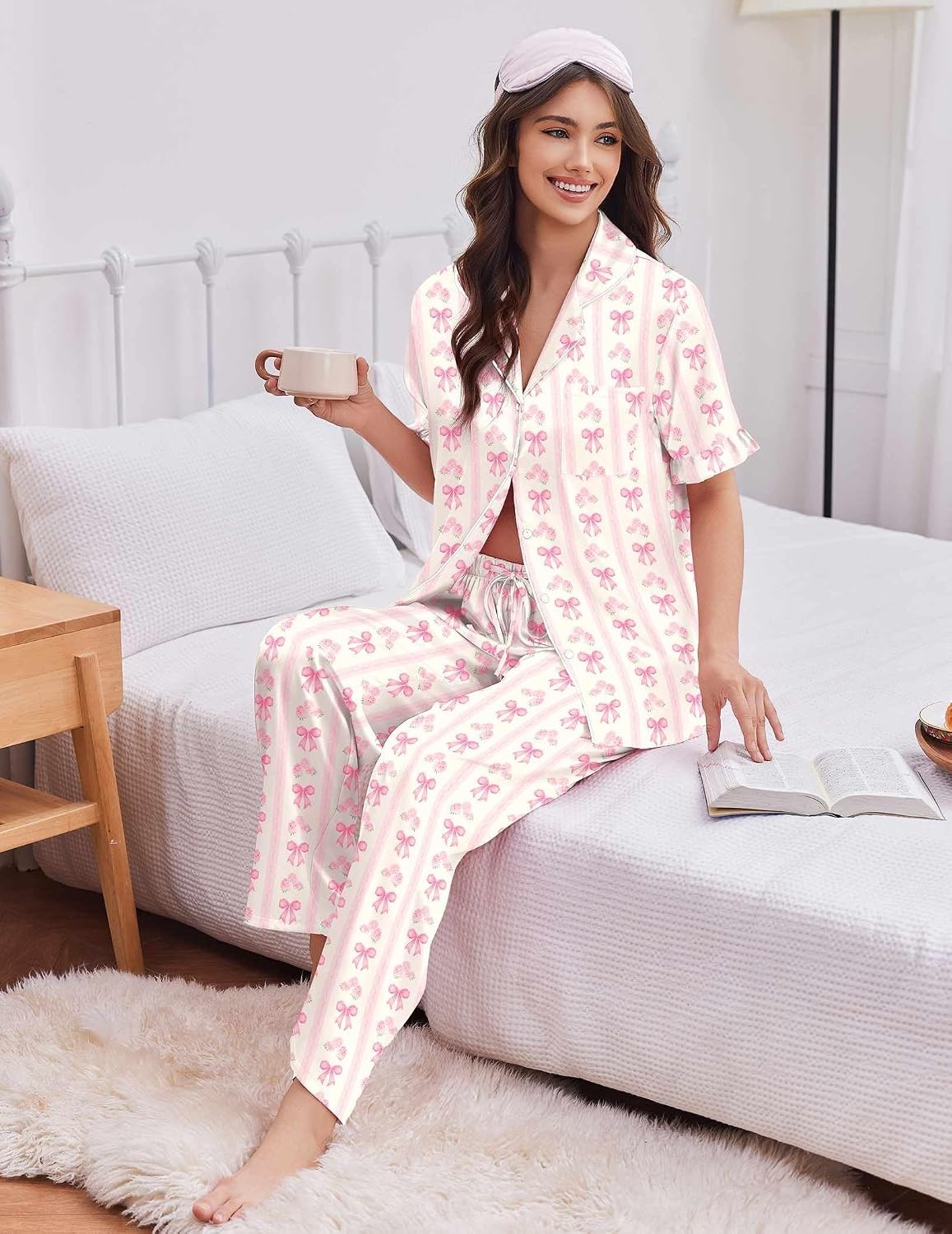 image:imageEkouaer Silk Satin Pajamas for Women Set 2 Piece Short Sleeve Button Up PjsPink Bloom