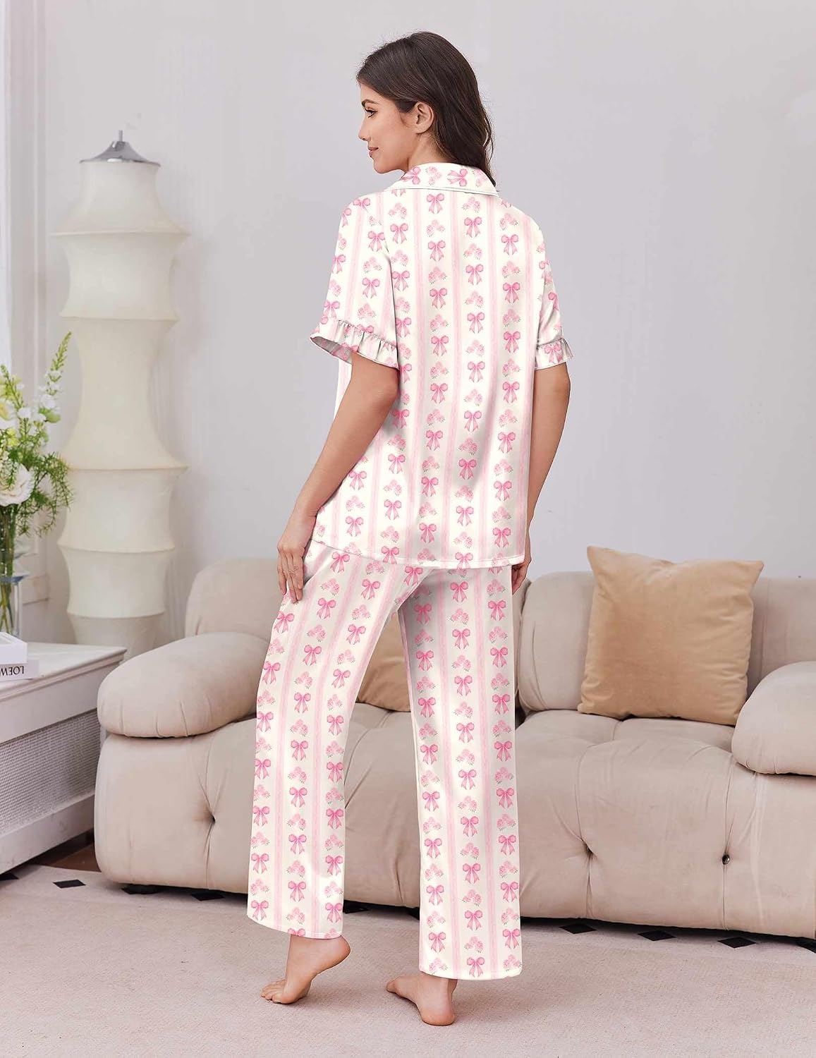 image:imageEkouaer Silk Satin Pajamas for Women Set 2 Piece Short Sleeve Button Up PjsPink Bloom