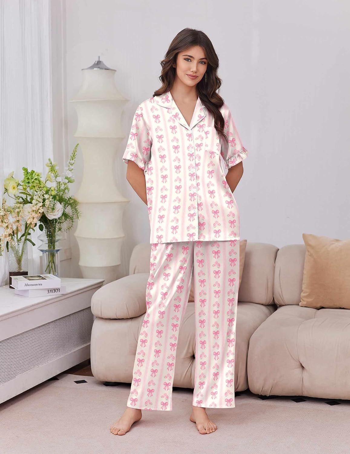 image:imageEkouaer Silk Satin Pajamas for Women Set 2 Piece Short Sleeve Button Up PjsPink Bloom