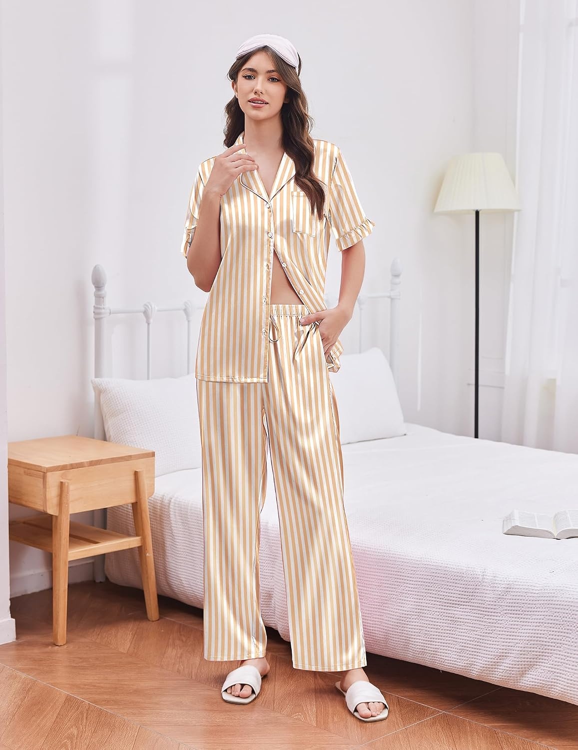 image:imageEkouaer Silk Satin Pajamas for Women Set 2 Piece Short Sleeve Button Up PjsYellow Stripe