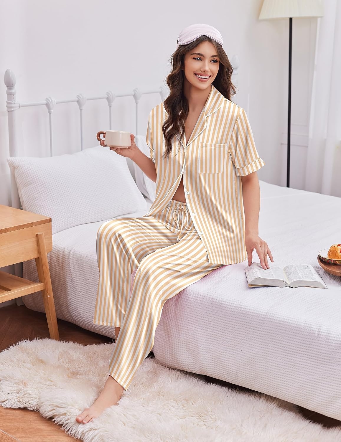 image:imageEkouaer Silk Satin Pajamas for Women Set 2 Piece Short Sleeve Button Up PjsYellow Stripe