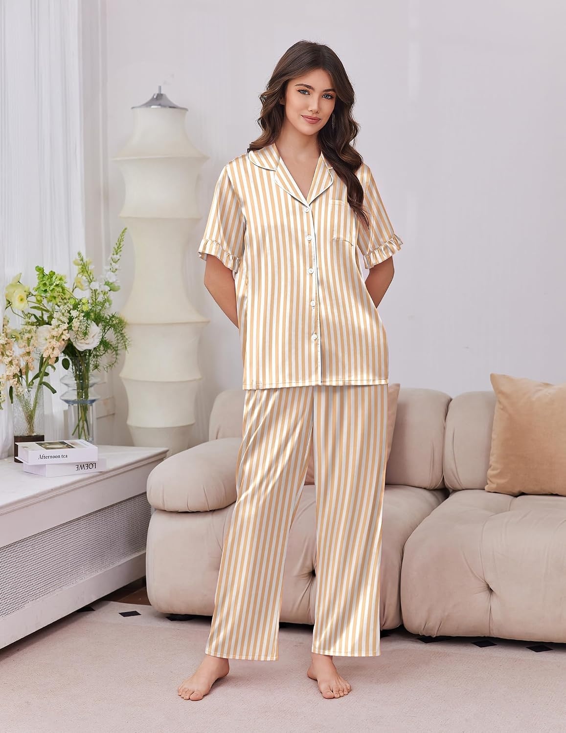 image:imageEkouaer Silk Satin Pajamas for Women Set 2 Piece Short Sleeve Button Up PjsYellow Stripe