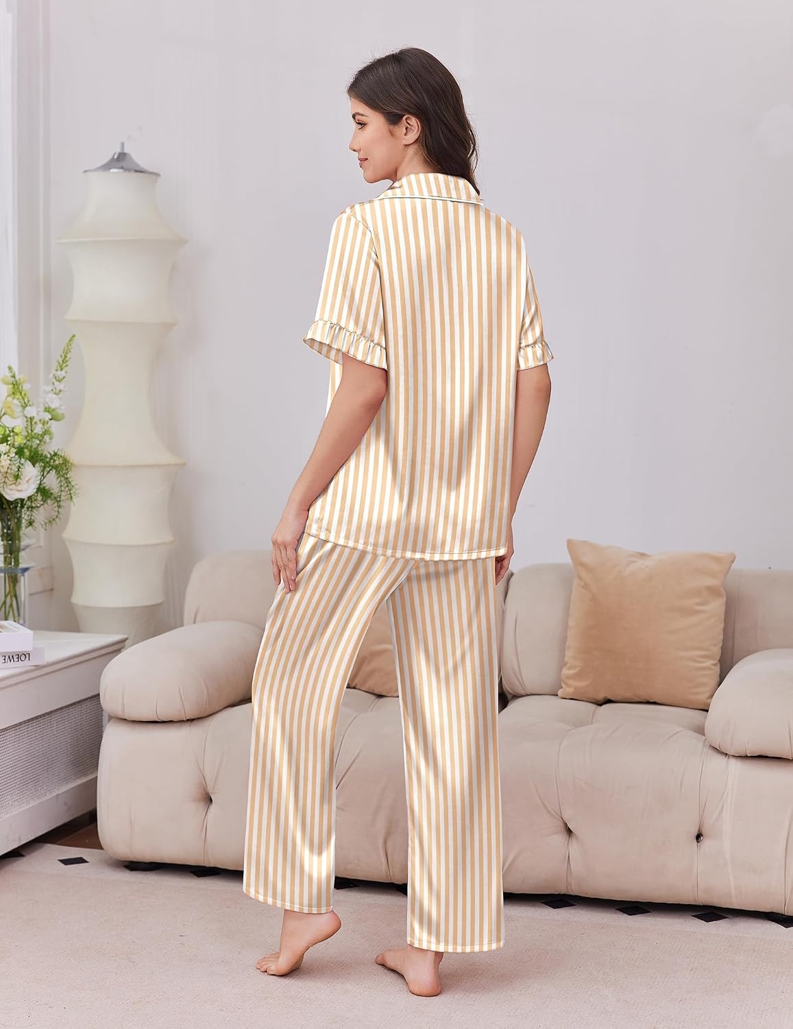 image:imageEkouaer Silk Satin Pajamas for Women Set 2 Piece Short Sleeve Button Up PjsYellow Stripe
