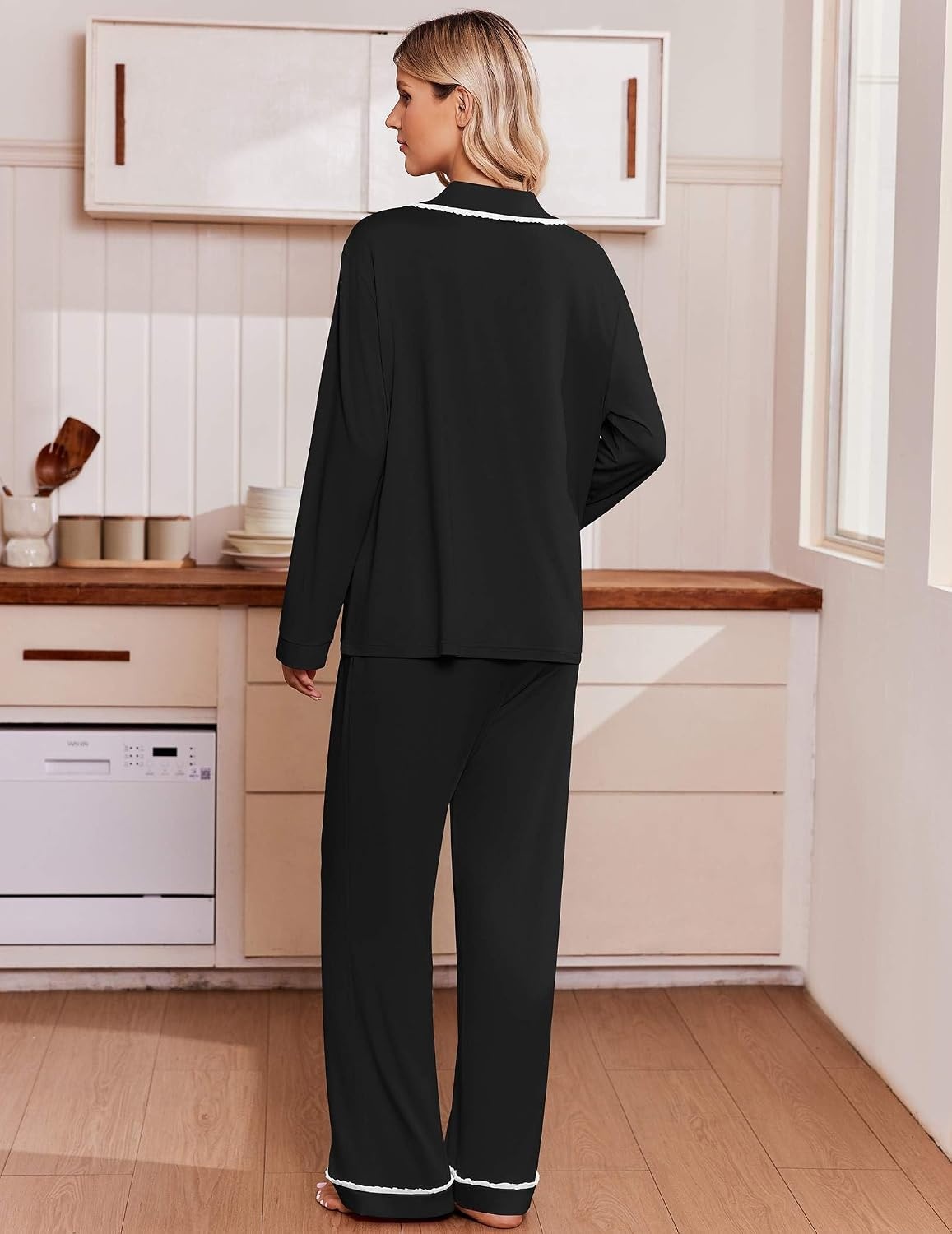 image:imageEkouaer Womens Pajama Sets 2 Piece Button down Pjs Long Sleeve Lounge SetsBlack