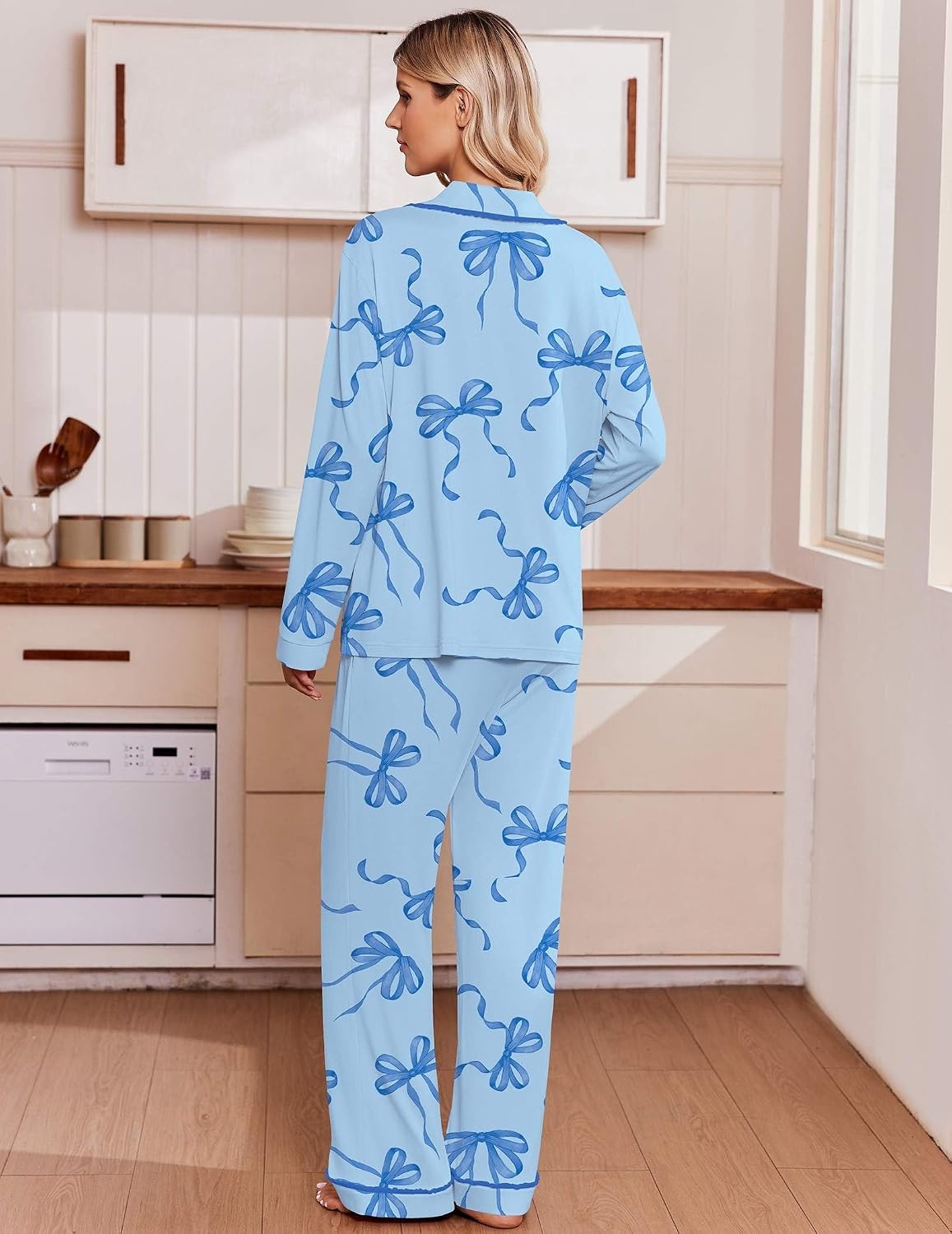 image:imageEkouaer Womens Pajama Sets 2 Piece Button down Pjs Long Sleeve Lounge SetsBlue Bow