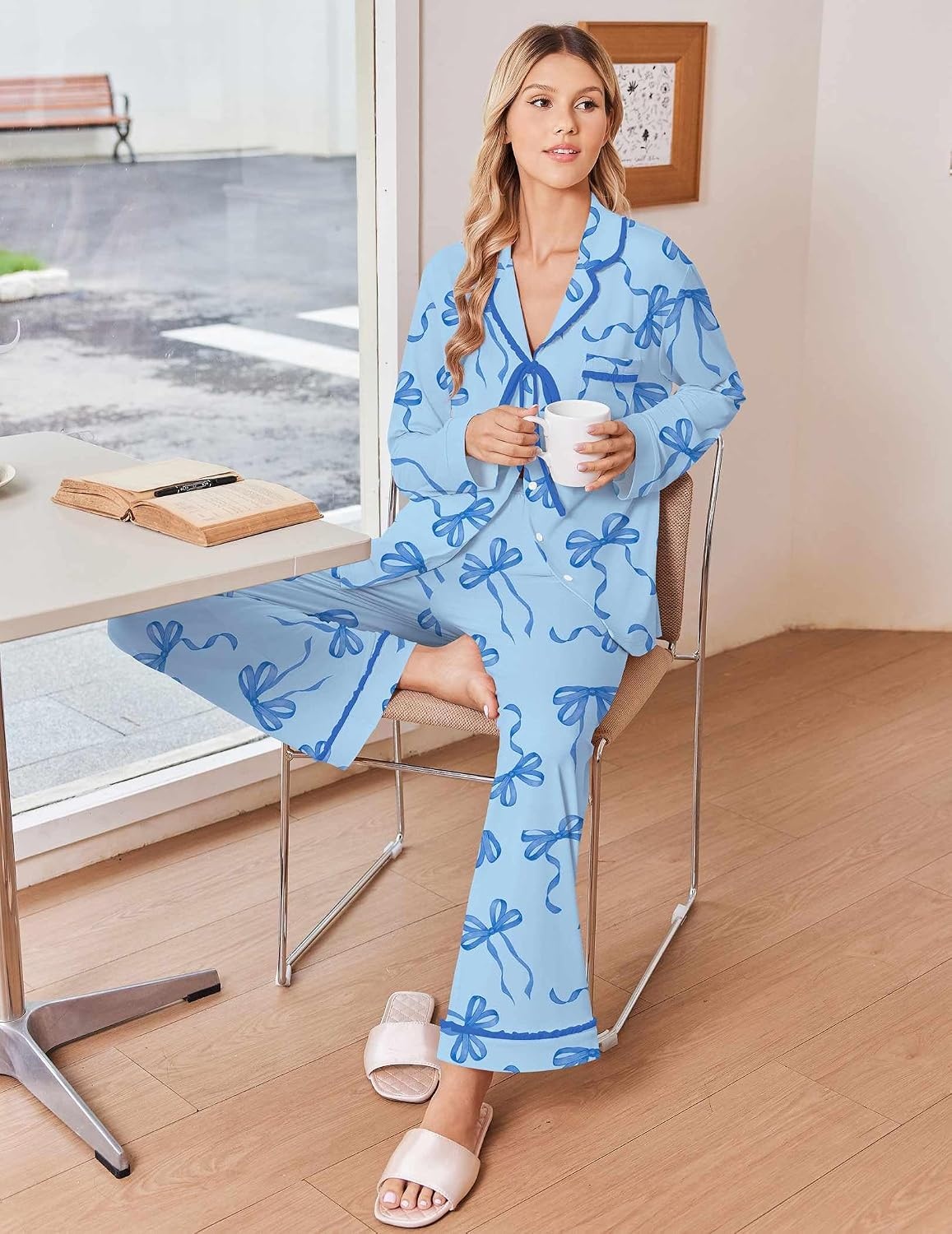 image:imageEkouaer Womens Pajama Sets 2 Piece Button down Pjs Long Sleeve Lounge SetsBlue Bow