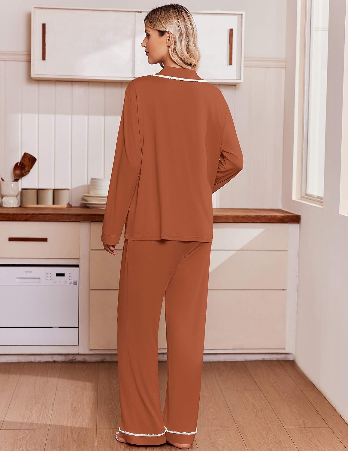 image:imageEkouaer Womens Pajama Sets 2 Piece Button down Pjs Long Sleeve Lounge SetsBrown