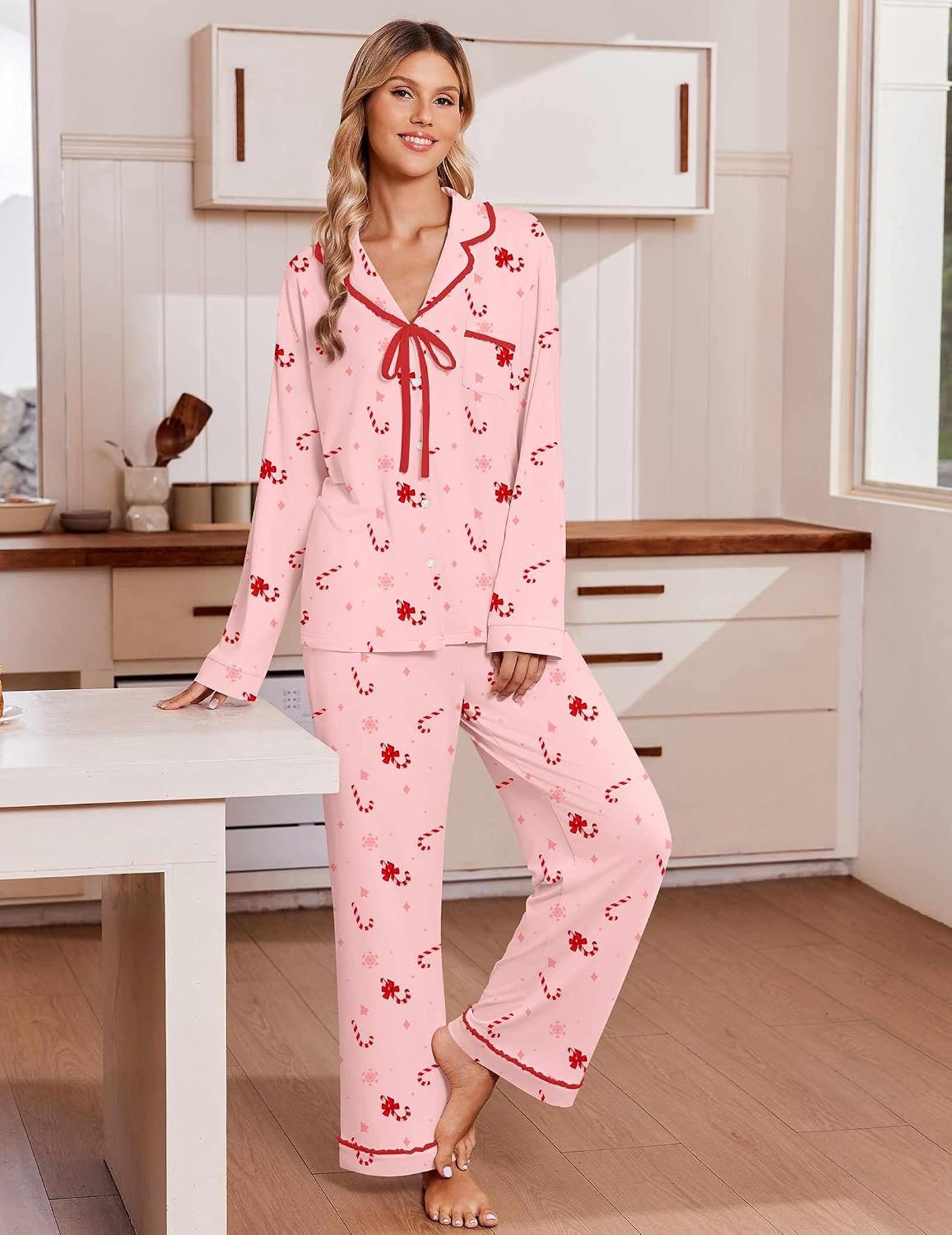 image:imageEkouaer Womens Pajama Sets 2 Piece Button down Pjs Long Sleeve Lounge SetsChristmas Pink