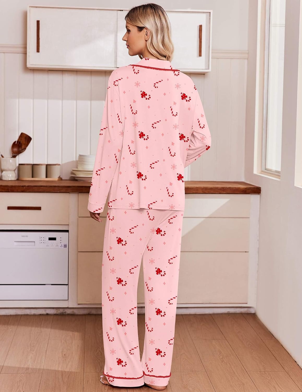 image:imageEkouaer Womens Pajama Sets 2 Piece Button down Pjs Long Sleeve Lounge SetsChristmas Pink