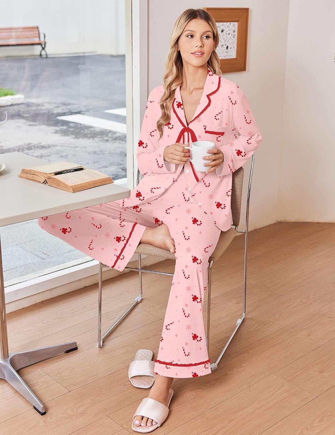 image:imageEkouaer Womens Pajama Sets 2 Piece Button down Pjs Long Sleeve Lounge SetsChristmas Pink