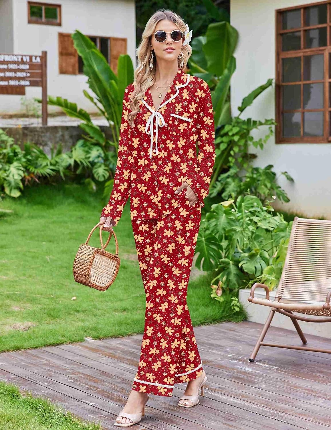 image:imageEkouaer Womens Pajama Sets 2 Piece Button down Pjs Long Sleeve Lounge SetsChristmas Red