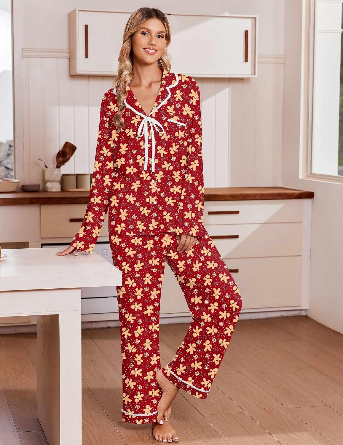 image:imageEkouaer Womens Pajama Sets 2 Piece Button down Pjs Long Sleeve Lounge SetsChristmas Red
