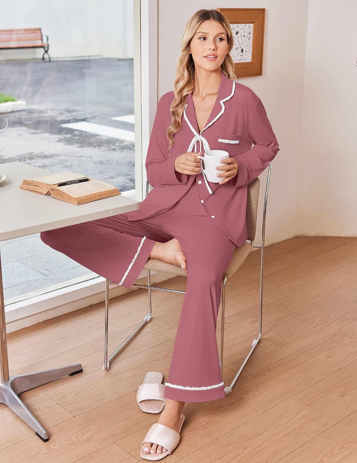 image:imageEkouaer Womens Pajama Sets 2 Piece Button down Pjs Long Sleeve Lounge SetsClay Red