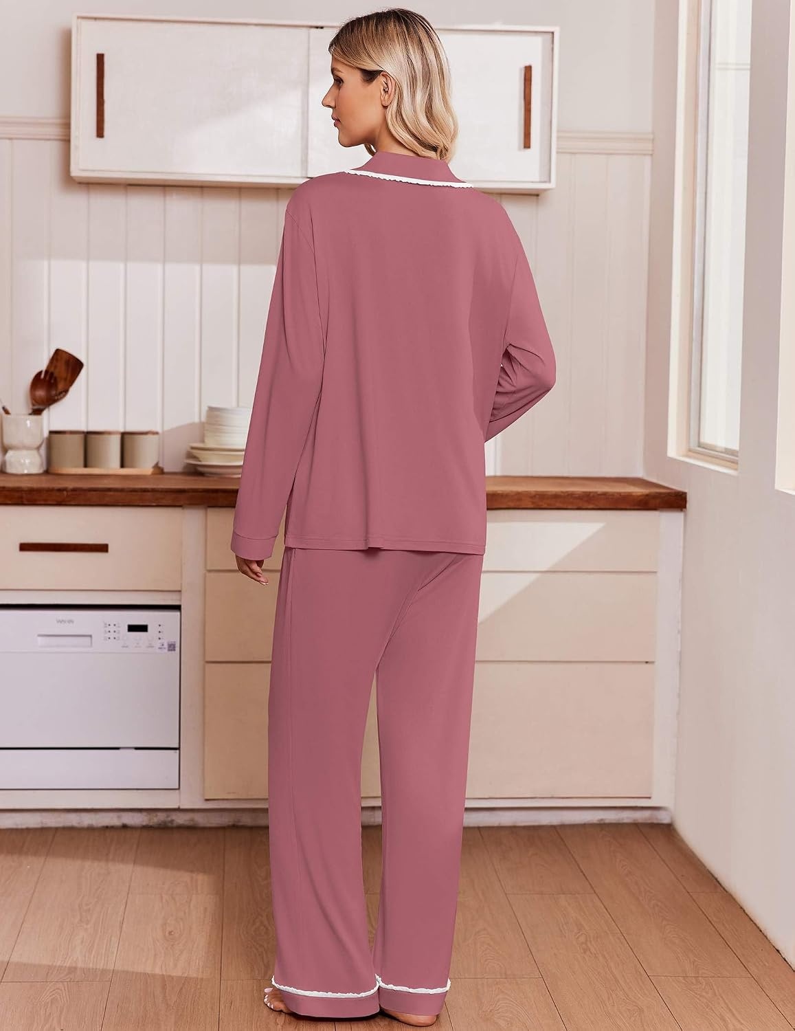 image:imageEkouaer Womens Pajama Sets 2 Piece Button down Pjs Long Sleeve Lounge SetsClay Red