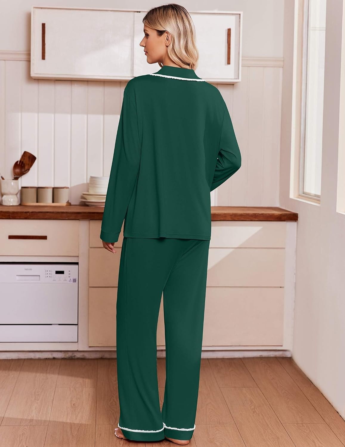 image:imageEkouaer Womens Pajama Sets 2 Piece Button down Pjs Long Sleeve Lounge SetsDark Green