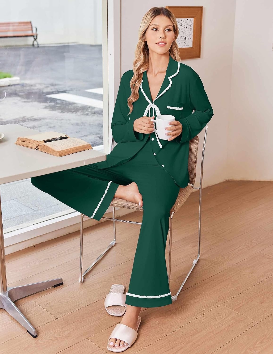 image:imageEkouaer Womens Pajama Sets 2 Piece Button down Pjs Long Sleeve Lounge SetsDark Green