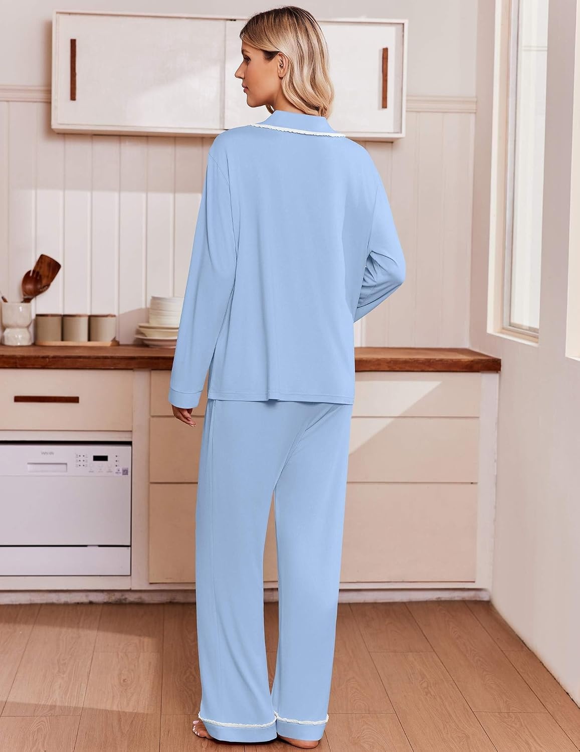 image:imageEkouaer Womens Pajama Sets 2 Piece Button down Pjs Long Sleeve Lounge SetsLight Blue